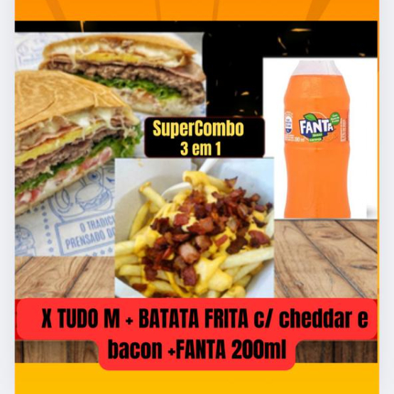 X tudo M + Batata Frita c/ Cheddar e Bacon + refr. Fanta 200ml