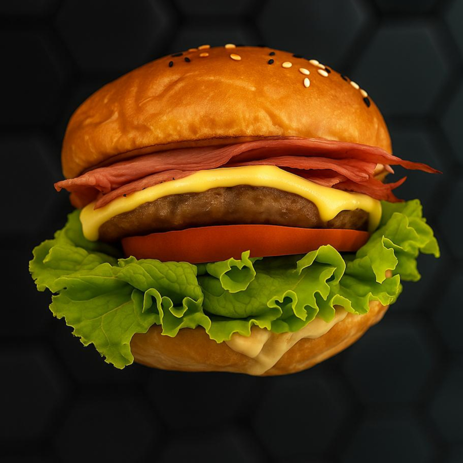 Pão brioche seladinho, muito bacon, queijo derretido, cheddar, salada e molho grill