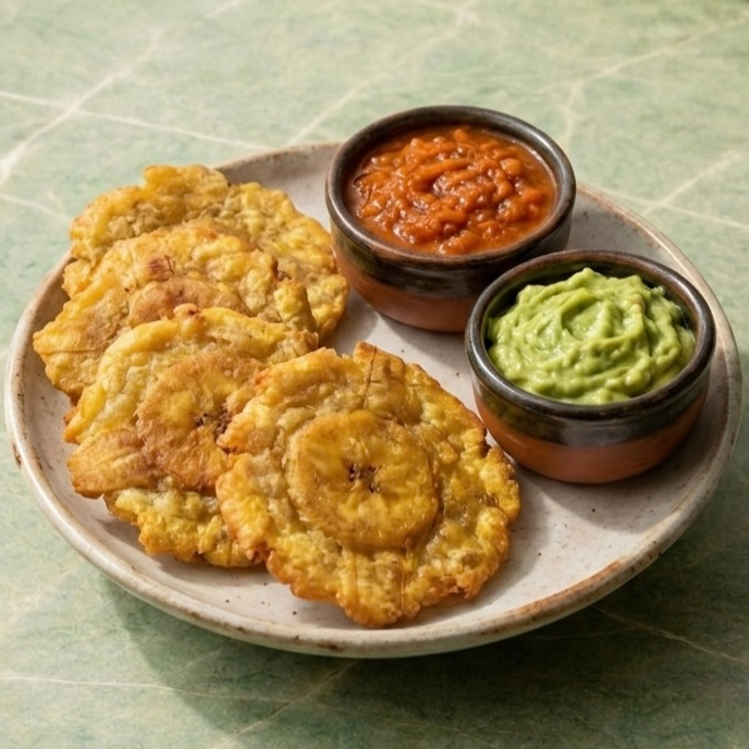 Patacones con Hogao y Guacamole Bowl