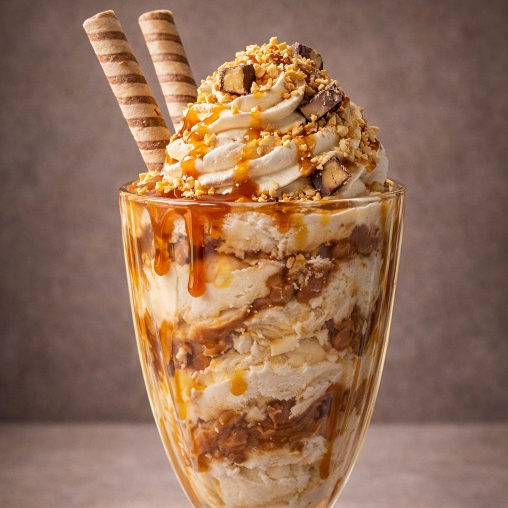 Uma sobremesa extremamente cremosa, intensa e irresistível, inspirada na famosa combinação de sabores do clássico Snickers. O Creme Especial Snickers é preparado com um creme artesanal denso e aveludado, com camadas generosas que misturam notas de chocolate, amendoim e caramelo, criando uma textura rica e indulgente em cada colherada. O resultado é um creme marmorizado, cheio de sabor e com aquele equilíbrio perfeito entre doce, cremosidade e crocância. Servido em taça, a sobremesa ganha ainda mais destaque com calda de caramelo escorrendo entre as camadas, trazendo brilho e intensidade ao sabor. No topo, uma espiral cremosa e volumosa, finalizada com amendoim granulado crocante, pedaços inspirados no sabor Snickers e wafer crocante, que completam essa experiência premium. ✨ Destaques da sobremesa: • Creme especial ultra cremoso inspirado no Snickers • Combinação deliciosa de chocolate, caramelo e amendoim • Camadas ricas e marmorizadas cheias de sabor • Amendoim granulado crocante para textura perfeita • Wafer crocante para finalizar a experiência 🥄 Uma sobremesa premium, perfeita para quem ama sabores intensos, cremosidade e a clássica combinação de chocolate, caramelo e amendoim.