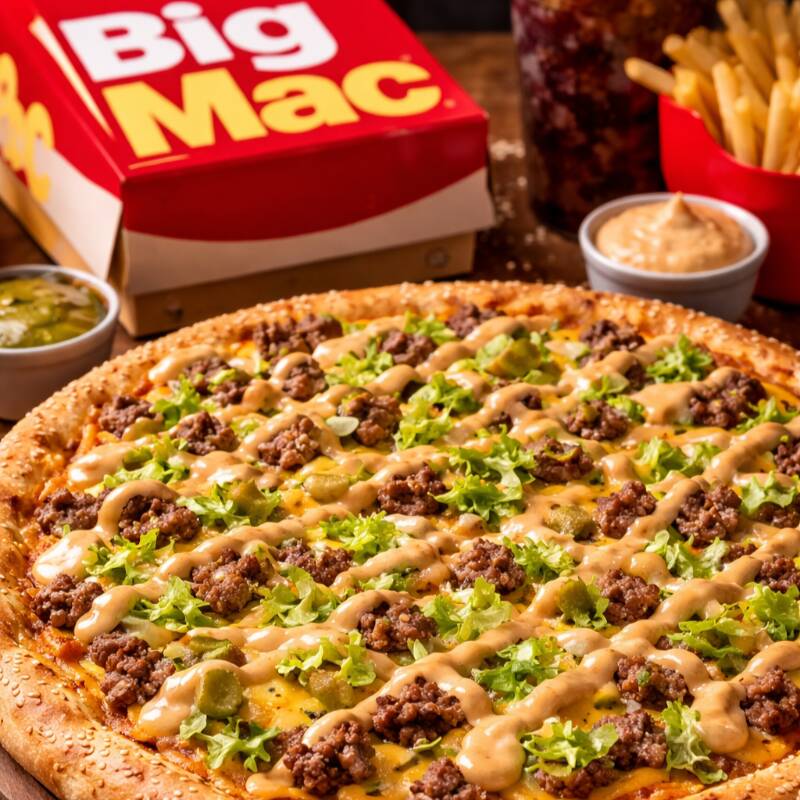 Molho de tomate, Mussarela, Carne Moída, Cheddar, Cebola, Picles, Molho Especial e Orégano.