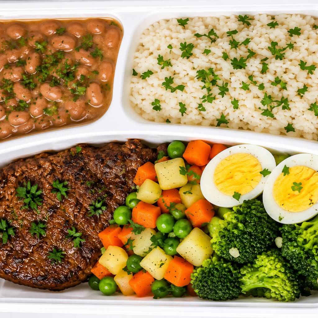 150 g de patinho grelhado, 150 g de arroz, 100 g de feijão, 1 ovo cozido e 100 g de legumes. Uma refeição equilibrada de proteínas, carboidratos e legumes.≈ 650 kcal | ≈ 48 g de proteína.