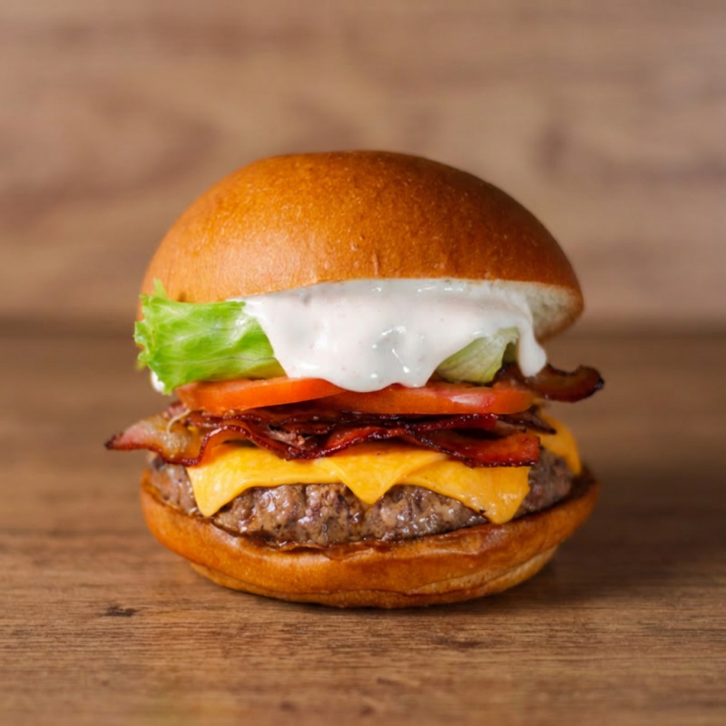 Pão de brioche, hambúrguer 160g, queijo, bacon, alface, tomate e maionese de bacon
