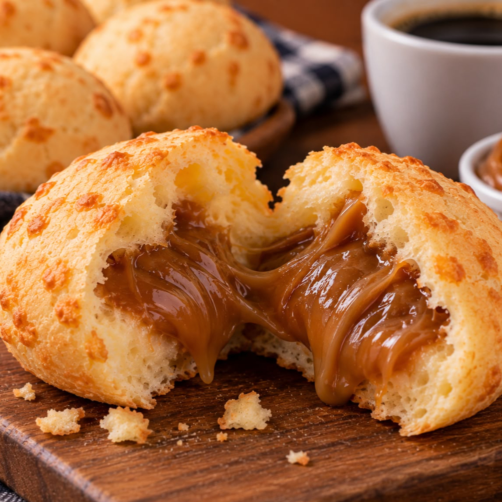 Pão de queijo quentinho recheado com uma generosa camada de doce de leite cremoso