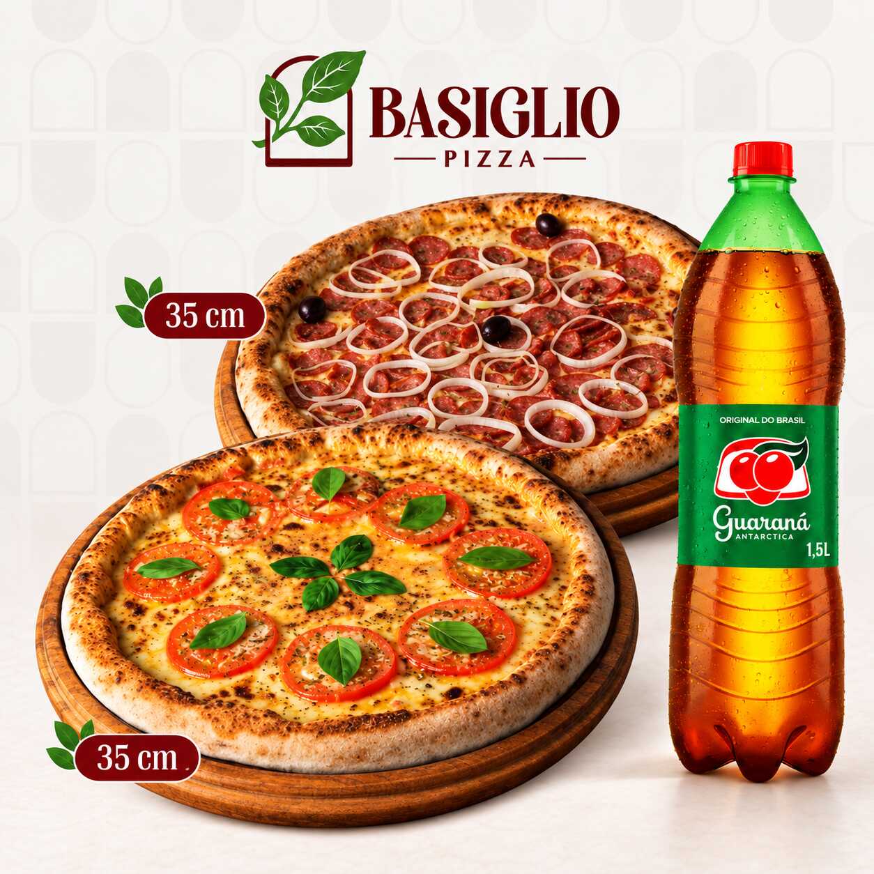 Combo com 2 pizzas grandes (35cm, 8 fatias cada uma), acompanhada de 1 refrigerante. Combo perfeito para reunir a família e aproveitar cada fatia!