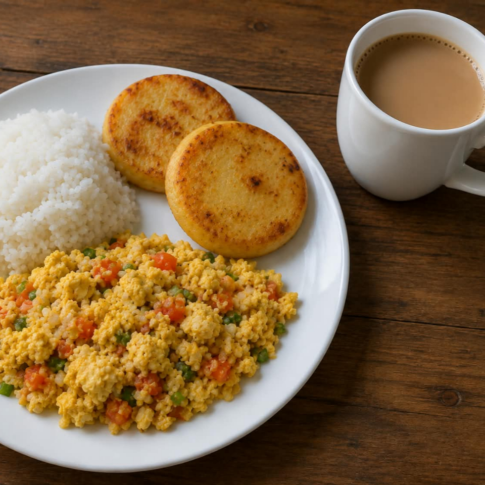 Huevo en Perico + Arroz, Arepitas + Bebida