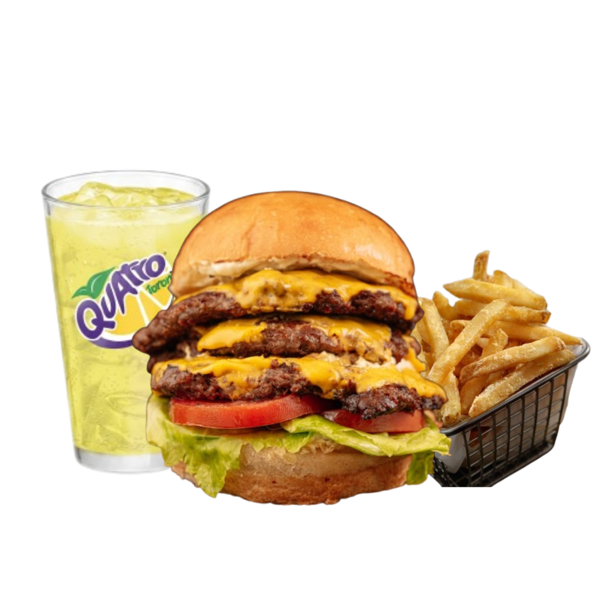 Hamburguesa Triple + papas + Quatro