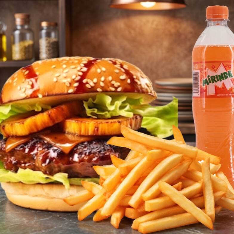 Hamburguesa hawaiana con Papas y refresco