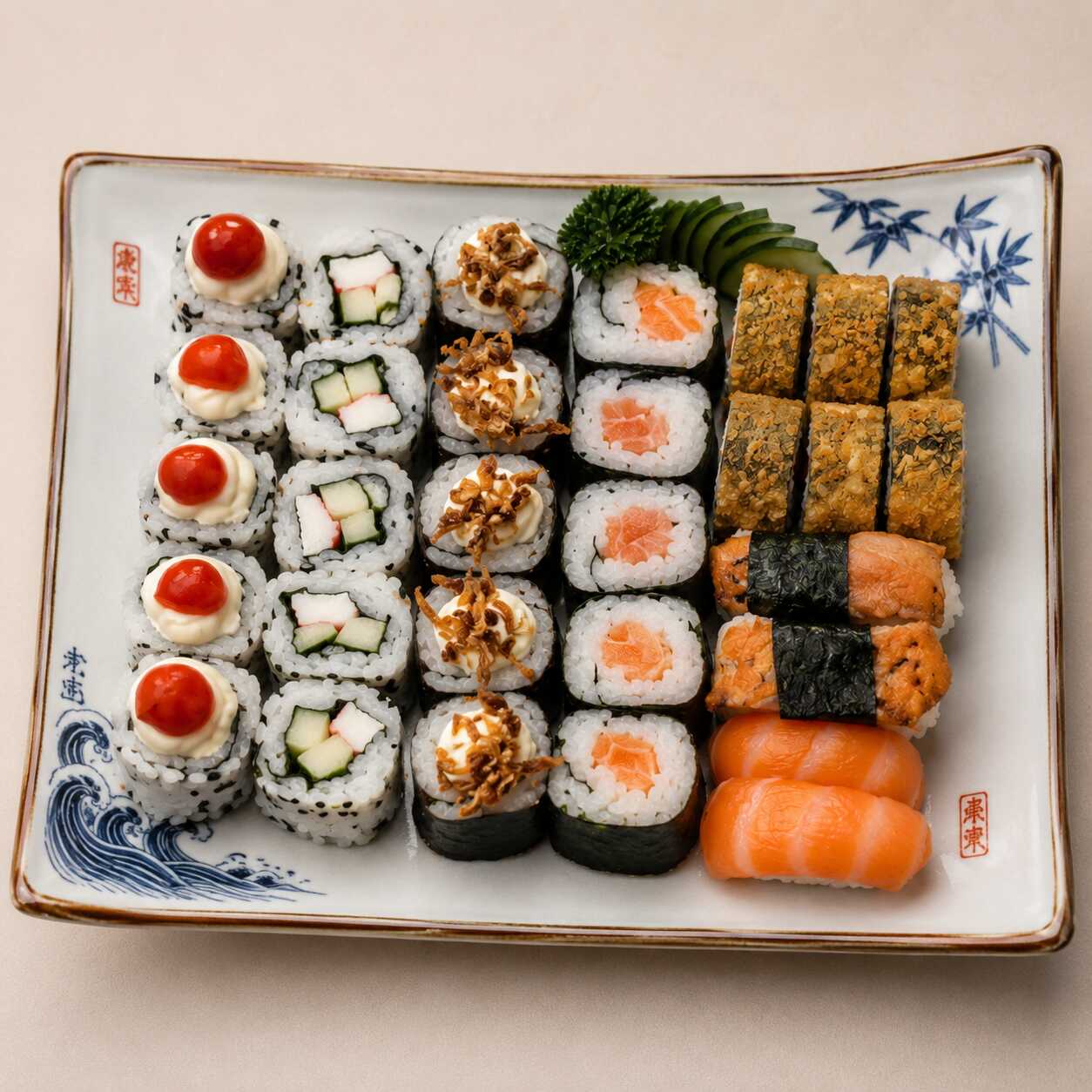 2 Sushi Salmão, 2 Sushi Skin, 10 Maki Kani, 10 Uramaki Grelhado, 10 Uramaki Califórnia, 10 Maki Skin (Cebolinha e Creme Chess), 10 Maki Salmão, 6 Hott Filadélfia.