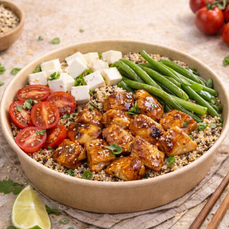 BOWL DE ENSALADA DE QUINOA Y POLLO MARINADO DULCE