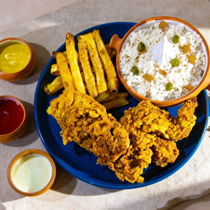 Brostear con Arroz y Papas Fritas