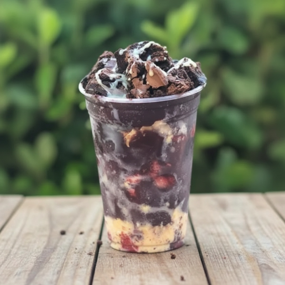 Açaí Tradicional, Creme De Avelã, Brownie, Morango, Leite Condensado, Leite Em Pó, Paçoca E Granola 550ml