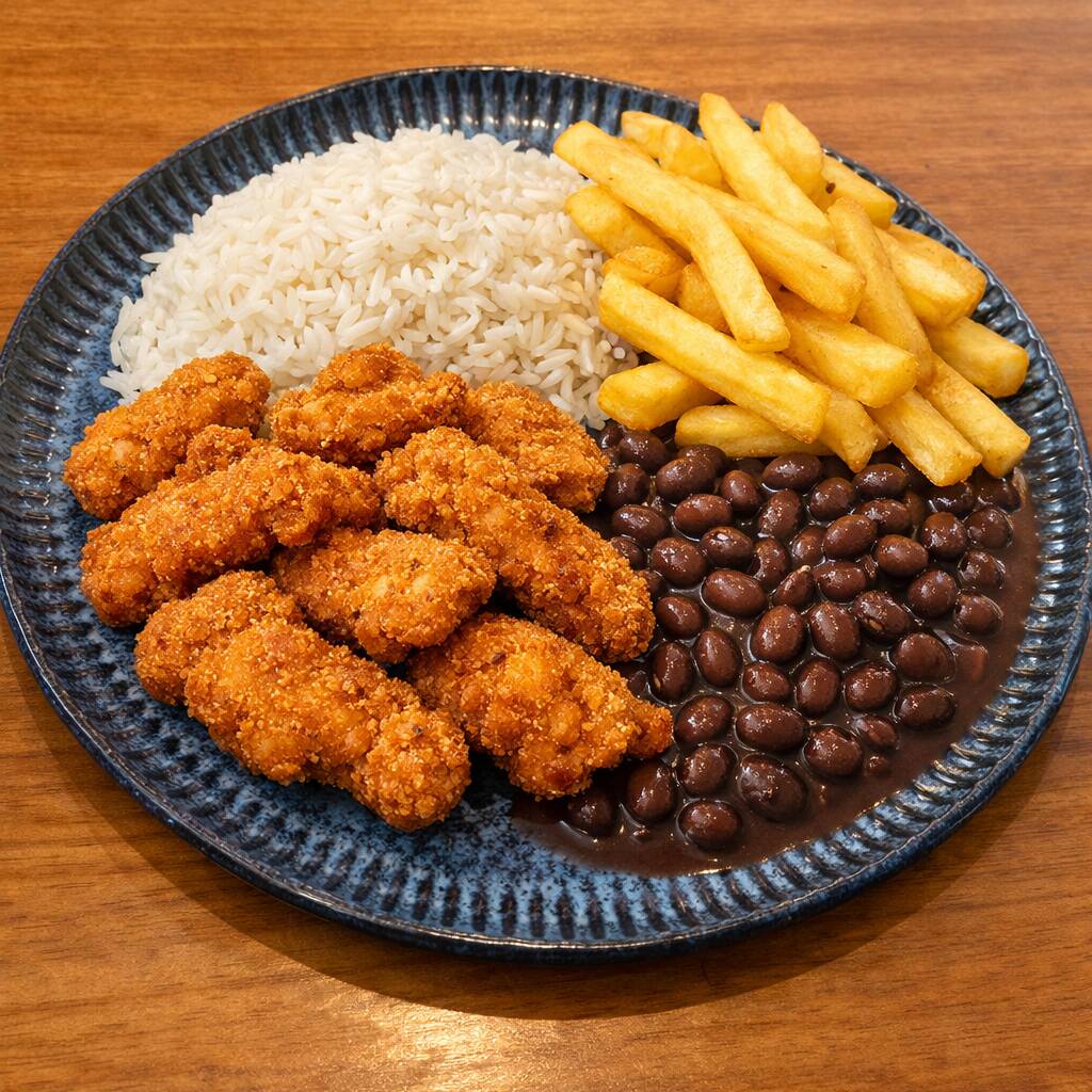Escalope de carne empanado à milanesa, sequinho e crocante, acompanhado de arroz branco, feijão temperado no ponto e fritas crocantes. Uma combinação clássica com sabor marcante e textura perfeita.