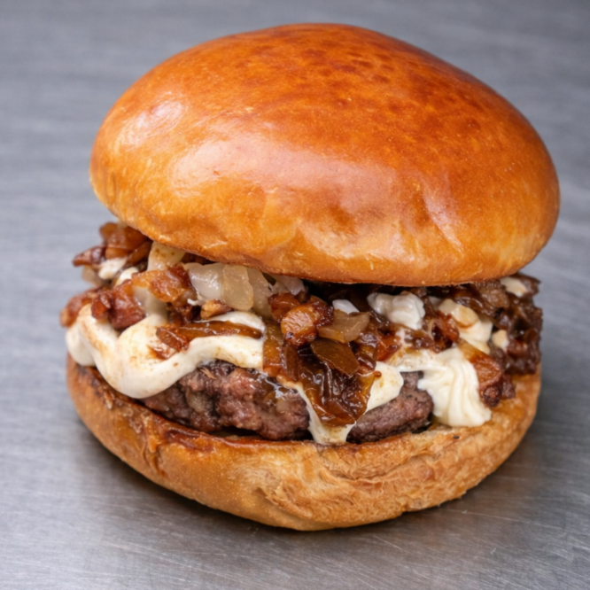 130g carne, pão chapeado na manteiga de garrafa, cream cheese, bacon caramelizado, maionese caseira