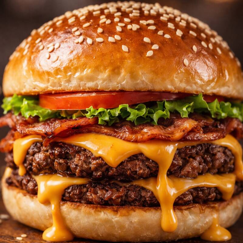 Pão, 2 carnes bovino 110g, 2 cheddar, bacon, alface e tomate