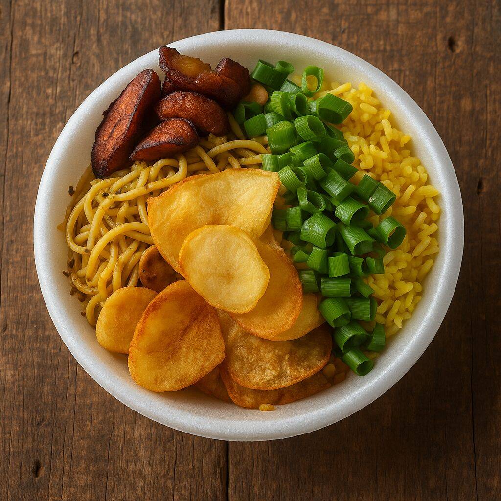 Galinhada, feijão de caldo, macarrão, banana frita, batata chips. ACOMPANHA MIX DE SALADA Obs. : Na falta de um dos acompanhamentos será substituído por algum item do cardápio do dia.