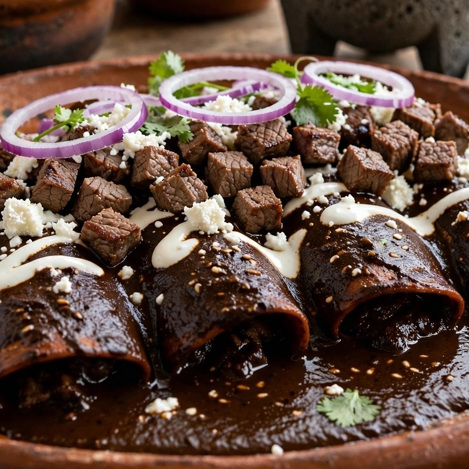 Enchiladas De Mole Con Bistek