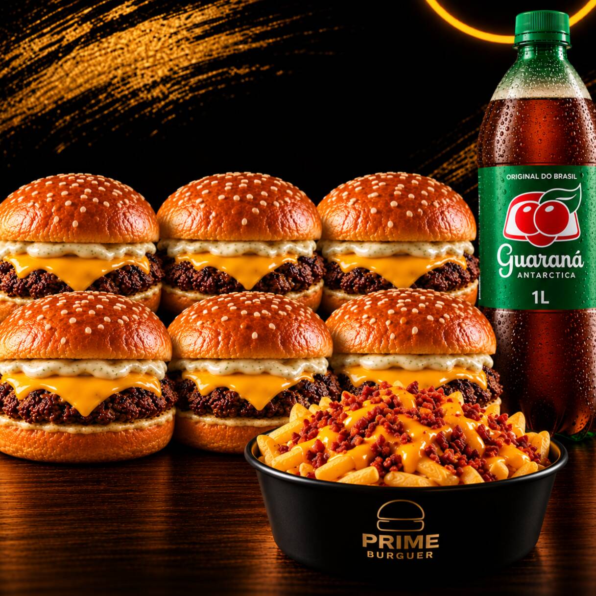 6 lanche Prime Burguer + 1 batata cheddar e bacon + 1 guaraná 1L - carne 100% artesanal