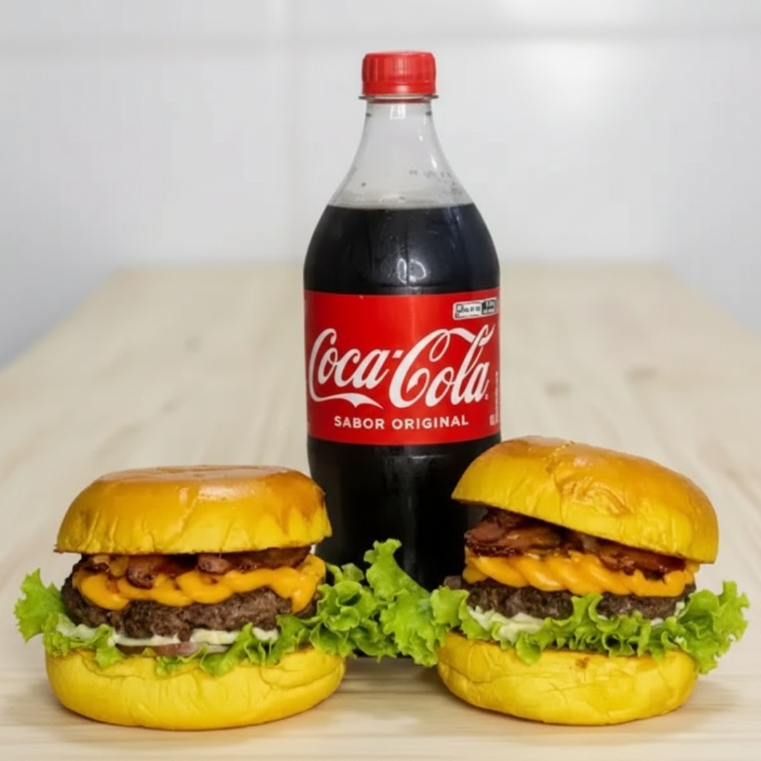 2 Hamburgueres especiais + refrigerante de 1L ( ingredientes dos hamburgueres: pão brioche, carne de 80g, calabresa, queijo mussarela, lanche, ovo, batata palha, tomate, pepino e alface.