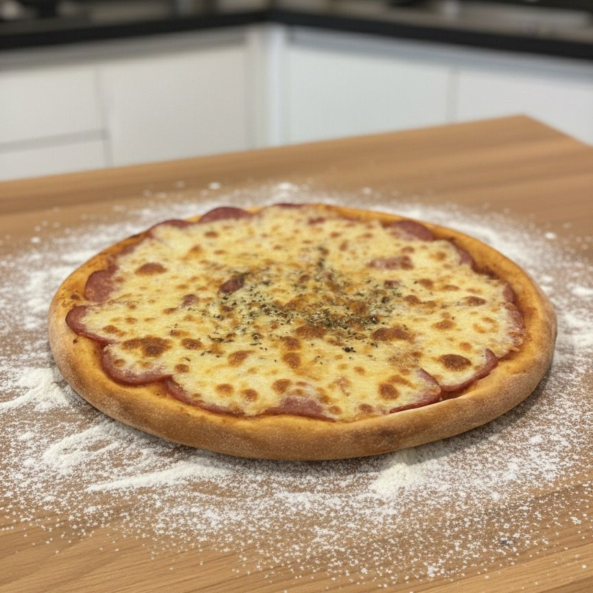 Massa tradicional, molho ao sugo, mussarela, calabresa, pimentão e orégano.