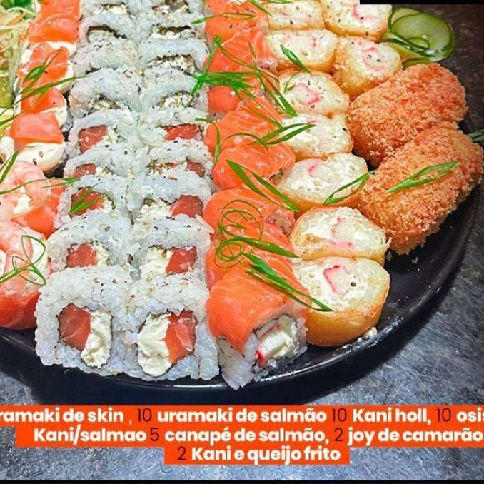 10 uramaki de salmao 10 uramaki de skin 10 kani holl 10 osisushi de kani / salmao 05 canape de salmao 02 kani e keijo frito 02 joy de camarao