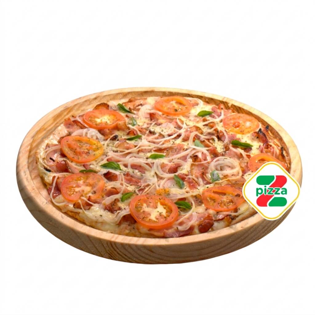 Massa-Molho-Mussarela-Bacon-Cebola-Tomate-Orégano-Manjericão