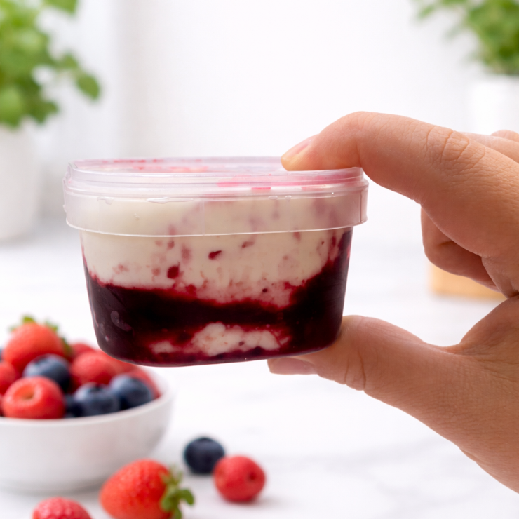 Torta no pote de sorvete artesanal com creme de leite fresco, ninho cremoso e geleia de frutas vermelhas. Em nova embalagem: 160g