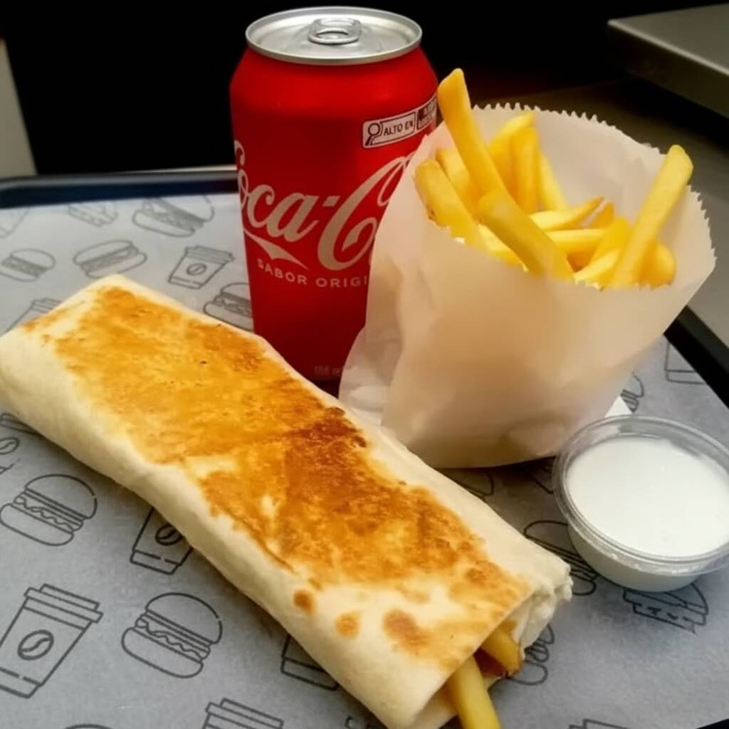 Shawarma de carne , batata frita , refrigerante 350ml (lata)