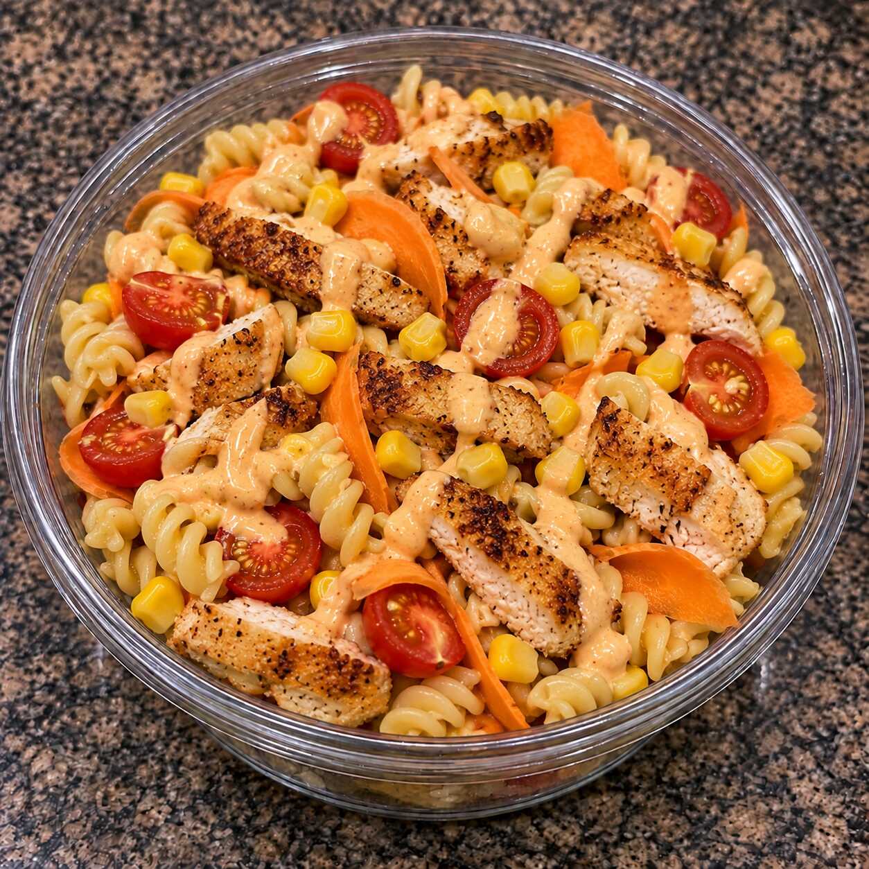 Macarrão parafuso com frango grelhado, tomate-cereja, milho e cenoura, tudo envolvido pelo sabor marcante do nosso molho especial.
