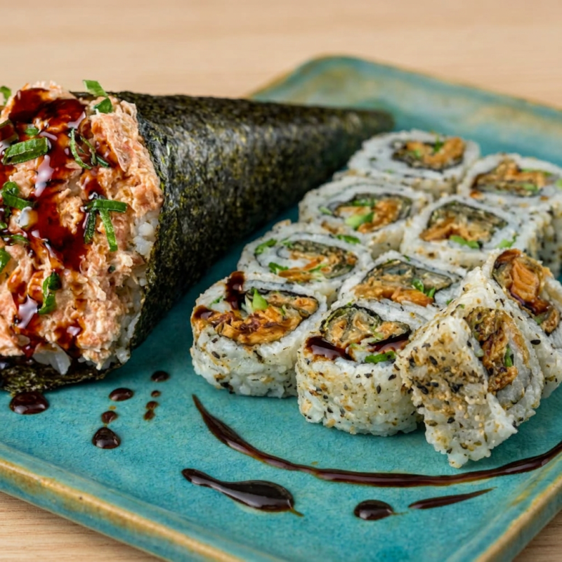 1 temake skin salmão mas 10 uramaki skin pelo de salmão empanado na farinha panko