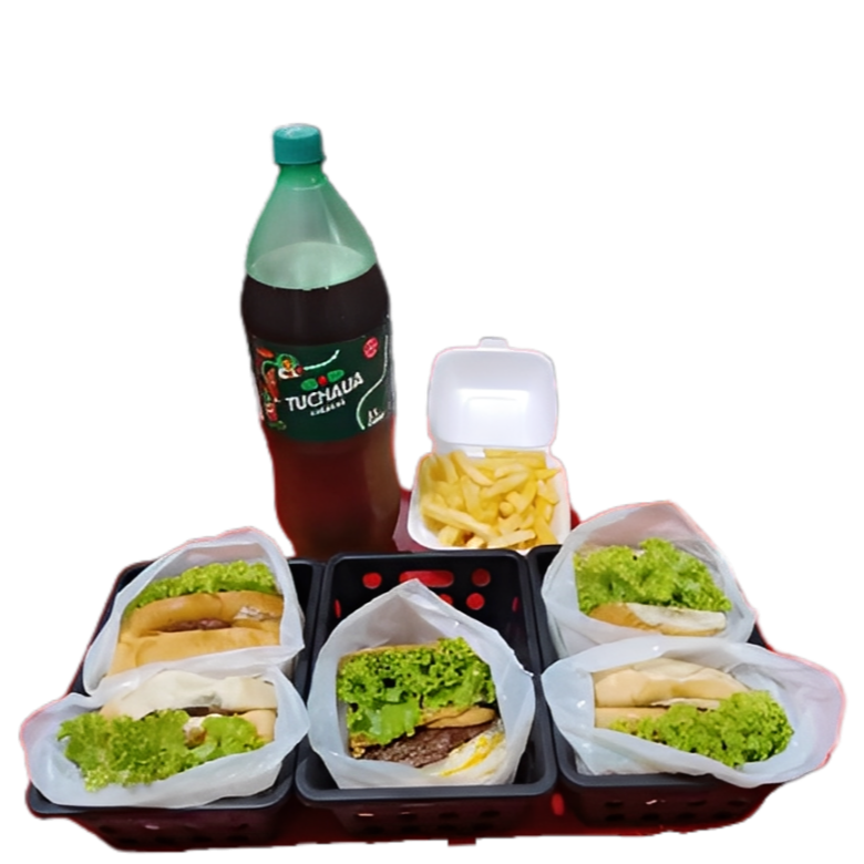 5 hambúrgueres simples, 1 batata frita, 1 guaraná de 2L