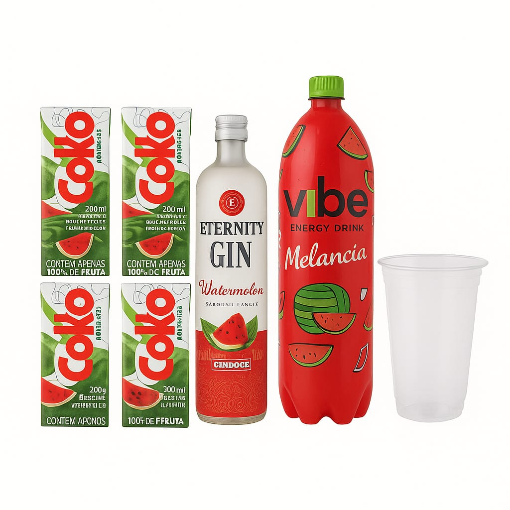 1 Garrafa de gin + Energético 2l + 4 gelos saborizado + 3 copos 770 ml