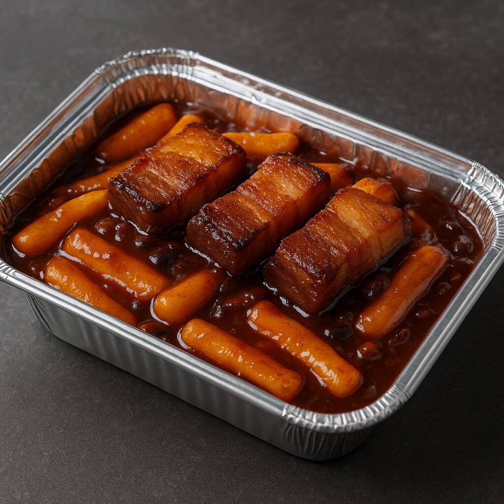 Topokki com molho de jjajangmyeon (sem cebola e repolho) e 4 pedaços de panceta de porco + Ovo cozido e cebolinha verde por cima. **Não é apimentado**