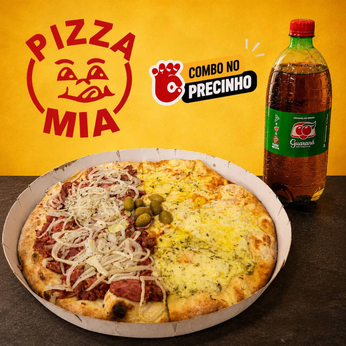 Combo Seleção 99, 1/2 mussarela 1/2 calabresa + 1 guaraná 1l + 2 esfihas de brigadeiro