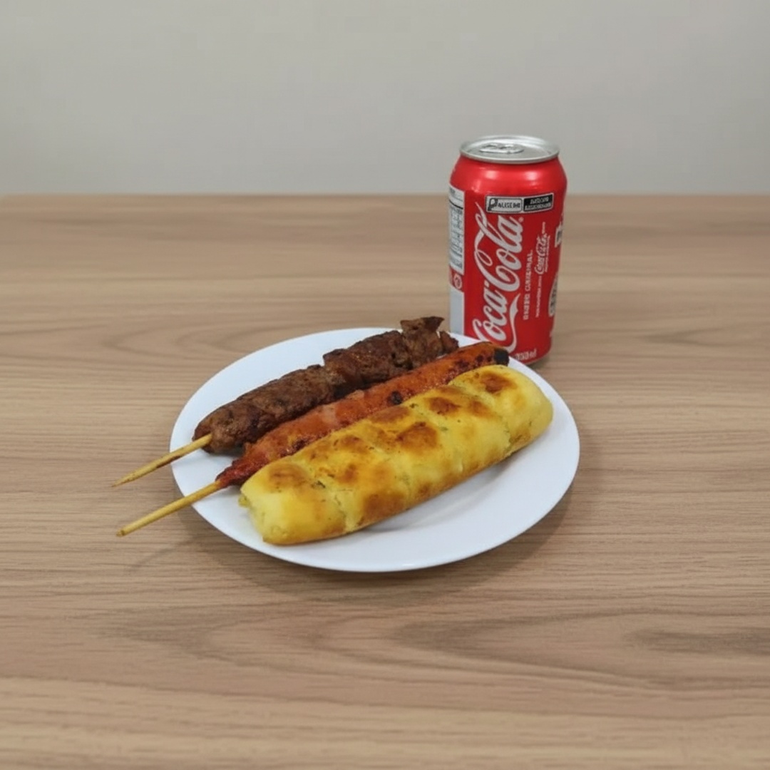 Combo - 1 Espeto de carne + 1 Espeto Linguiça + 1 Pão de alho e 1 Coca-Cola 350ml