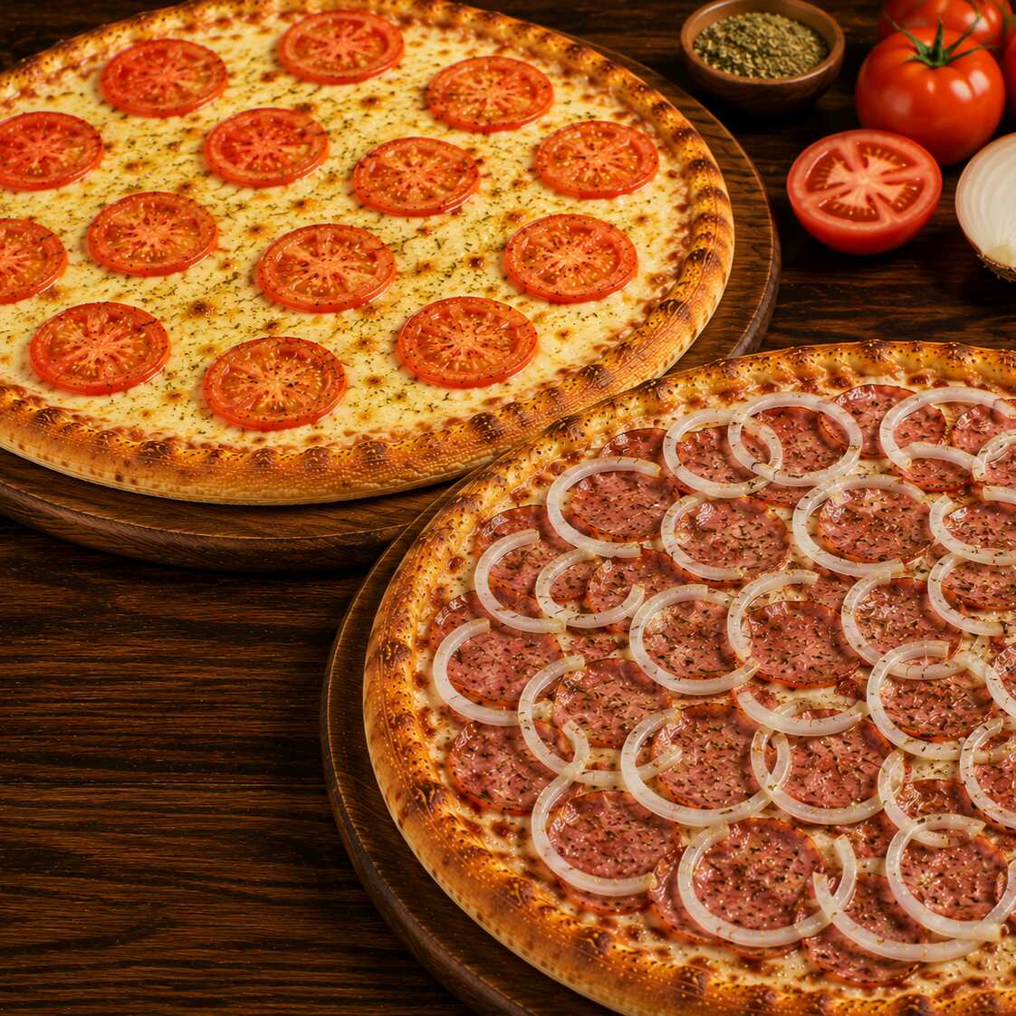 1 Pizza mussarela m + 1 pizza calabresa m