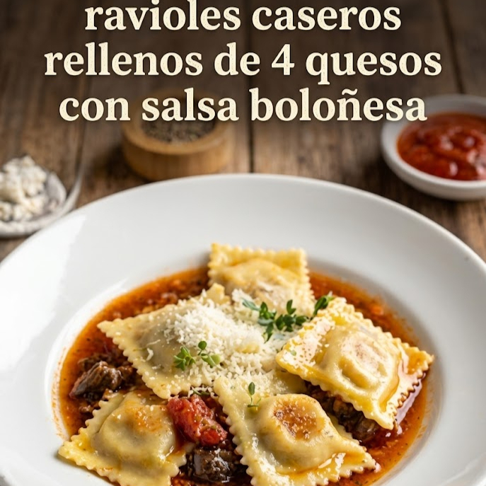 Ravioles Rellenos de 4 Quesos con Salsa Bolognesa