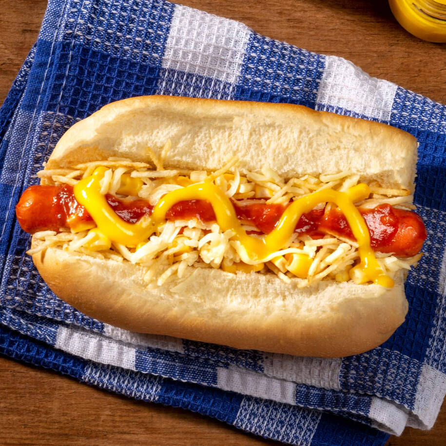 Pão, Salsicha, Batata Palha, Pure, Ketchup, Maionese, Mostarda