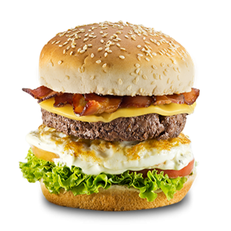 Pão, carne, queijo, presunto, ovo, bacon tomate e alface