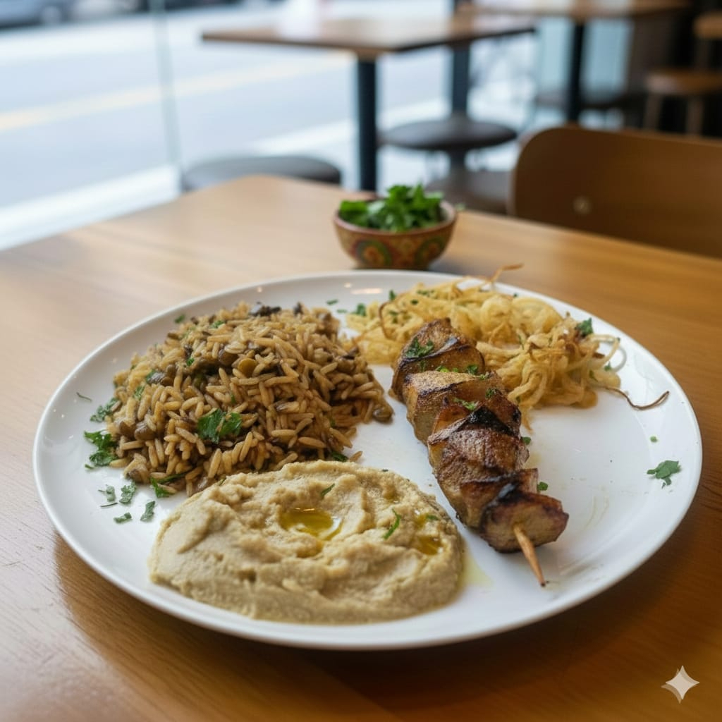 Filé michui de frango bem temperado e grelhado, servido com arroz de lentilha aromático e molho homus cremoso.