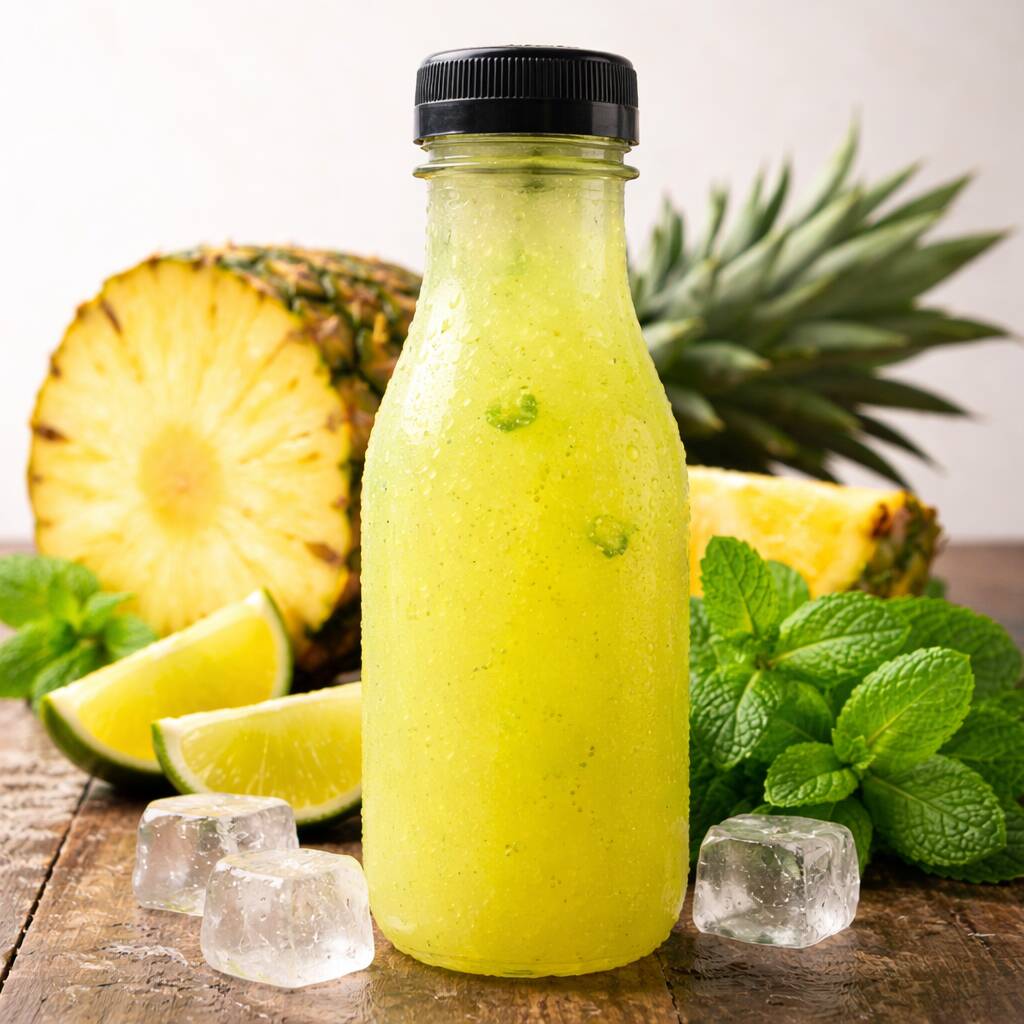 SUCO DE ABACAXI C/ HORTELÃ 100% NATURAL, FEITO NA HORA COM FRUTAS FRESCAS. SABOR MARCANTE, REFRESCANTE E CHEIO DE VITAMINA C PARA DAR AQUELA ENERGIA NO SEU DIA. SEM CONSERVANTES. 350ML.