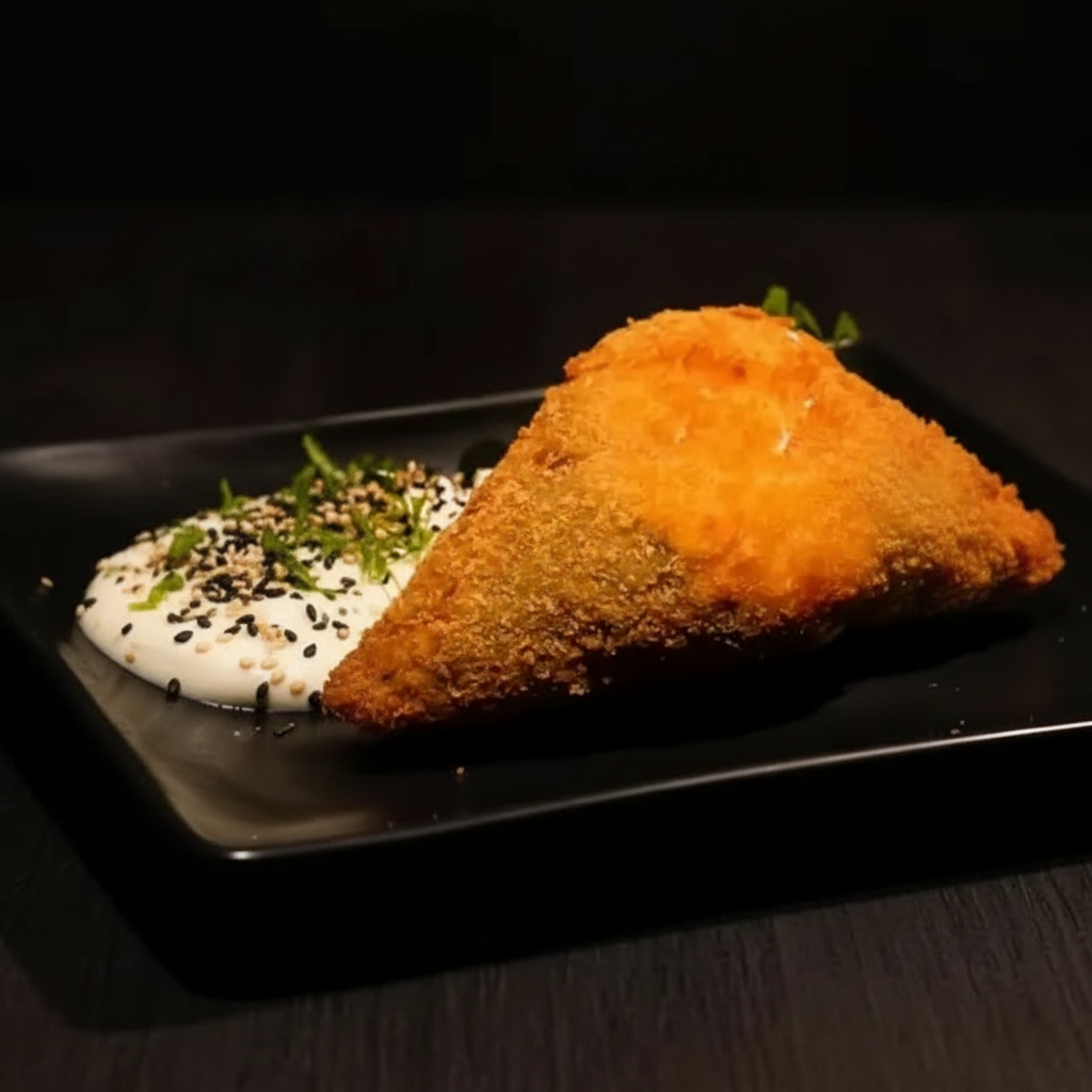 ACOMPANHA 1 Shoyu e 1 Teriaki. Alga, arroz japonês, salmão em cubos, cebolinha, cream cheese e empanado em panko --- Acompanha: 1 sachê de shoyu e 1 sachê de tarê.