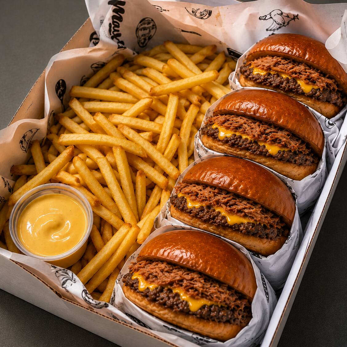 ATENÇÃO: PARA UMA MAIOR AGILIDADE, ESTAMOS ENVIANDO NO SACO KRAFT. *********NÃO RECEBA PEDIDO VIOLADO!******BOX PROMOCIONAL: 4 SMASH ARTESANAIS DEFUMADOS COM PERNIL DESFIADA;, CARNE 80G, MAIONESE DA CASA, QUEIJO CHEDDAR, ACOMPANHADO DE BATATA COM CHEDDAR!