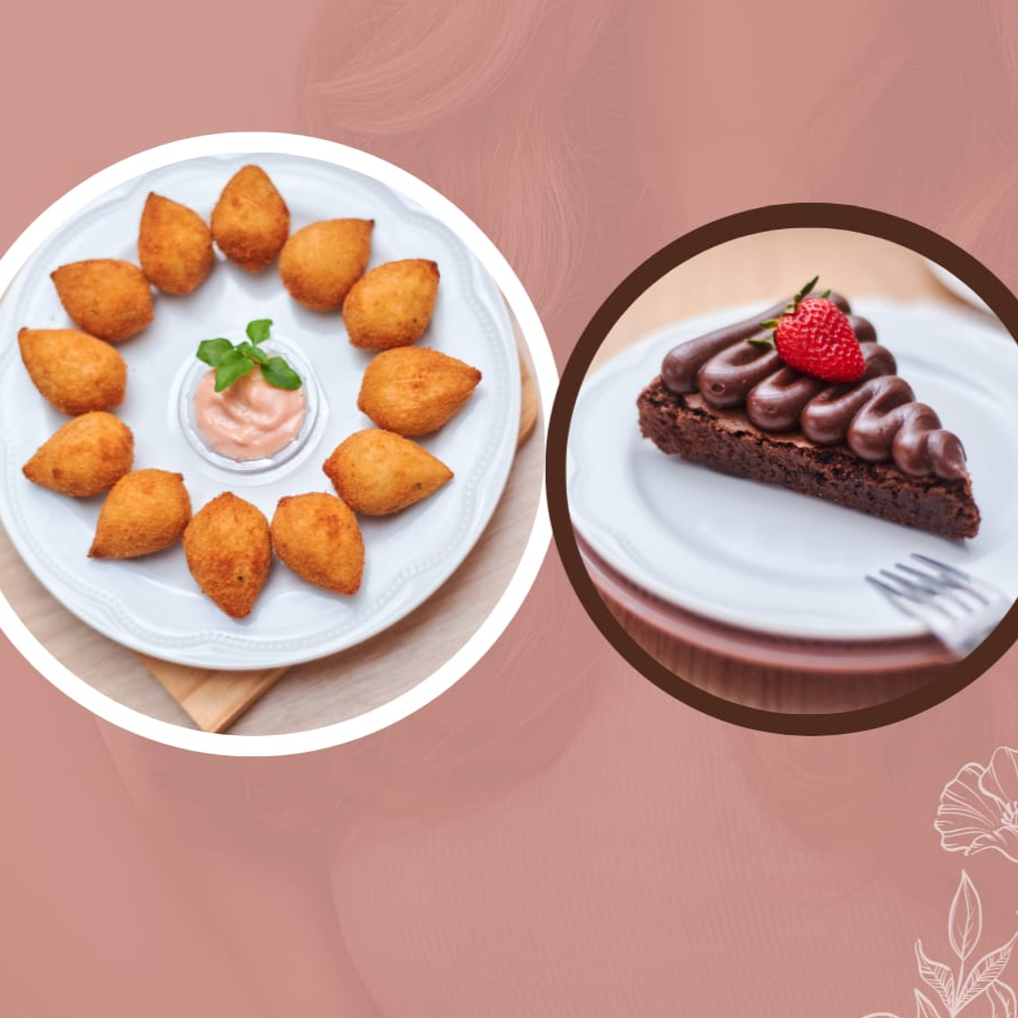 12 coxinha de festa fritas na hora (200g) + um delicioso brownie com cobertura cremosa de chocolate(200g).