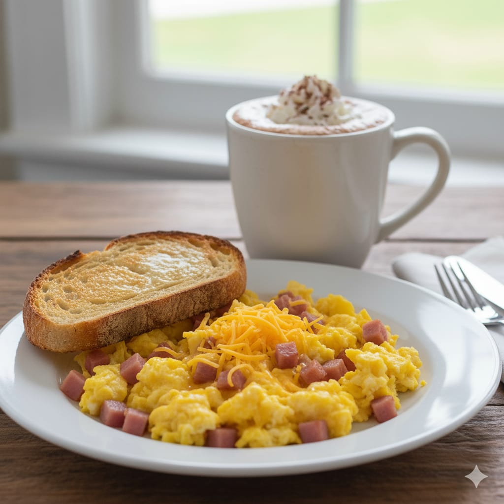 Desayuno con Huevos Jamon, Queso, Chocolate