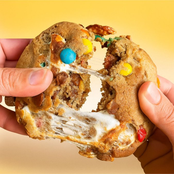 Inspirado no clássico americano! Massa amanteigada com pedaços de chocolate derretido, marshmallows macios e confeitos coloridos tipo M&M’s que trazem crocância e diversão a cada mordida. Um cookie que é pura nostalgia e sabor!