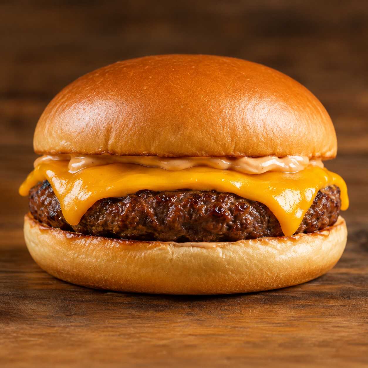 Hambúrguer artesanal, queijo cheddar derretido e maionese especial da casa. Simples, suculento e cheio de sabor.