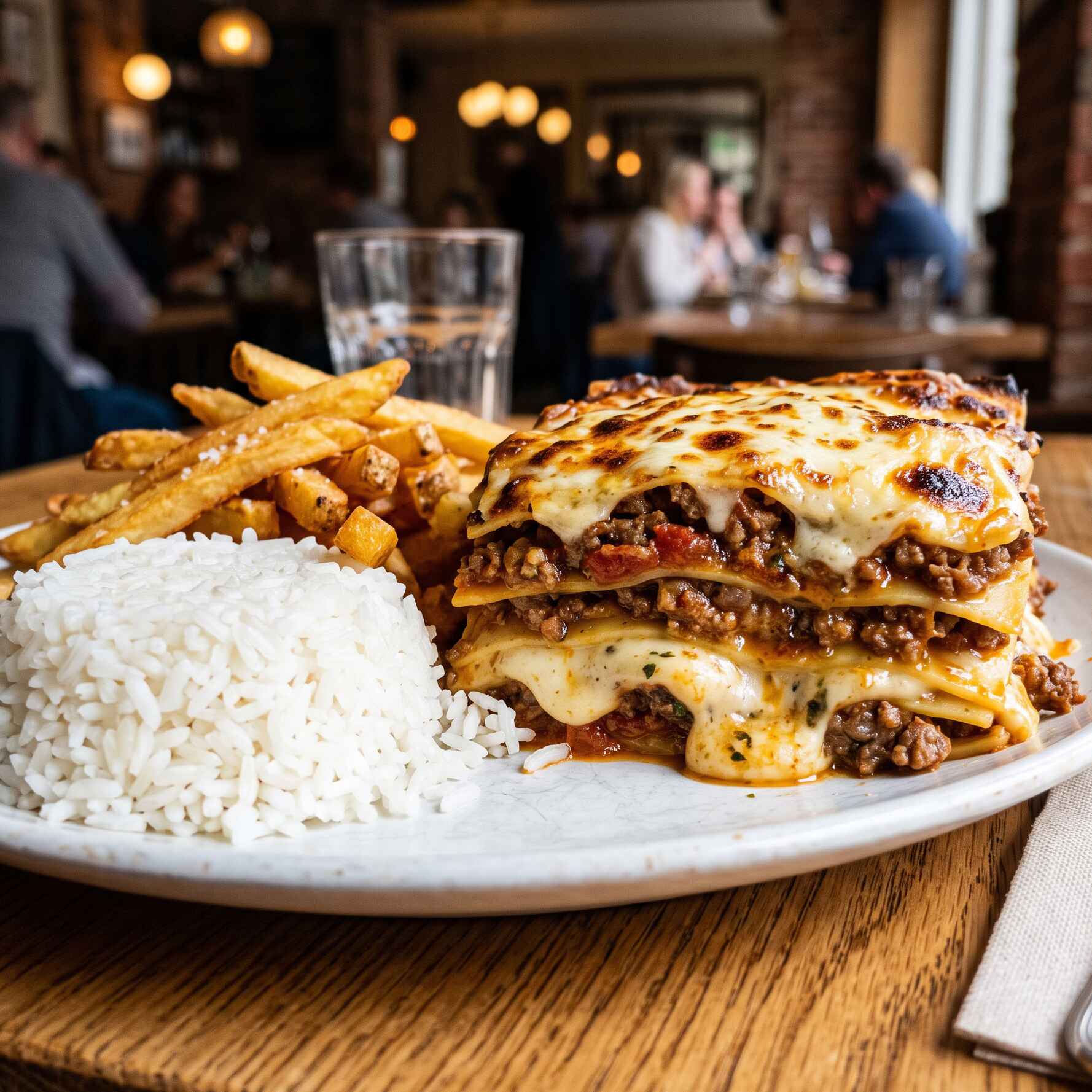Lasanha à bolonhesa com molho branco (bechamel), acompanha arroz soltinho e batata frita.