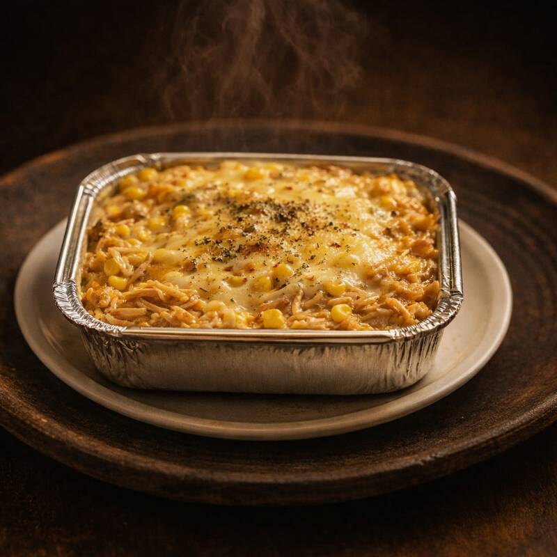 Um preparo cremoso de frango desfiado com milho fresco, envolto em molho branco e creme de leite, finalizado com uma camada generosa de mussarela gratinada.