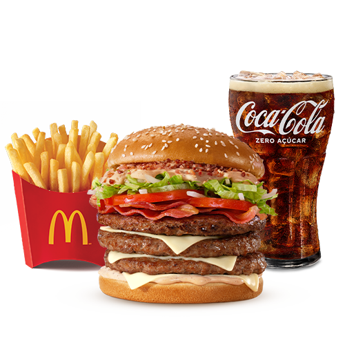 Composto por três hambúrgueres de carne 100% bovina, o icônico molho tasty, uma combinação especial de bacon crispy e fatias de Bacon, queijo processado sabor emental, tomate, alface, cebola, tudo isso no pão com gergelim, acompanhamento e bebida.